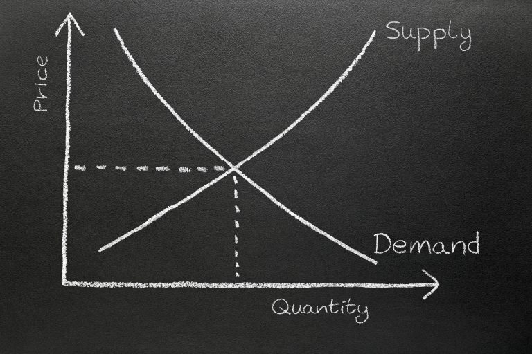 Supply and demand chart drawn on a blackboard.